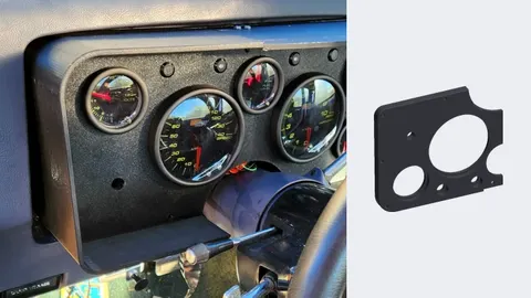 3D-printed G-body dash bezel installed with aftermarket gauges, and a render of its gauge panel