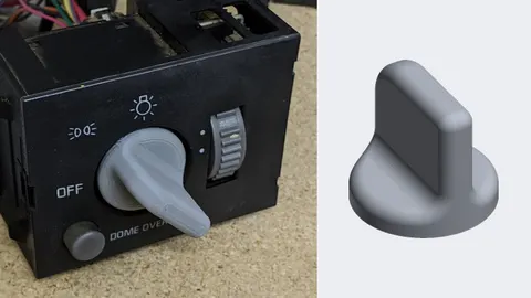 3D-printed gray headlight switch knob fitted to a Chevy truck headlight switch, and a render of the knob