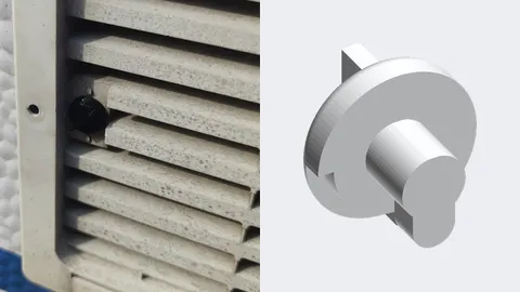 3D-printed black turn clip holding an RV refrigerator vent grille, with a render of the clip
