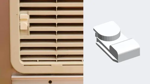3D-printed low-profile clip on an RV refrigerator ventilation grille, with a render of the clip