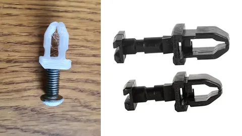 3D-printed RV access panel latch with an M6 bolt, and two black printed latches