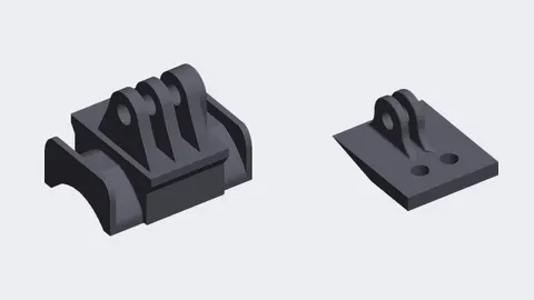 Renders of a 3D-printed GoPro-style light bar mount that clamps on a mobility scooter bull bar, and a flat version
