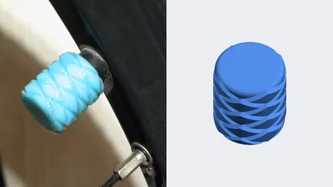 Light blue 3D-printed valve cap on a tire valve, with a render of the knurled cap