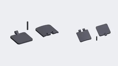 Renders of a 3D-printed flip-up glare cover set for a mobility scooter battery gauge: base, flap and hinge pin