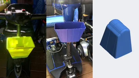 3D-printed yellow and blue baskets mounted on the front of Pride mobility scooters, with a render of the basket