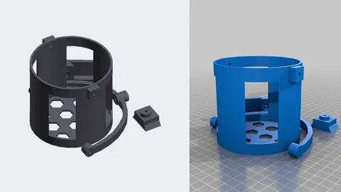 Renders of a 3D-printed swivel cup holder with its quick mount parts