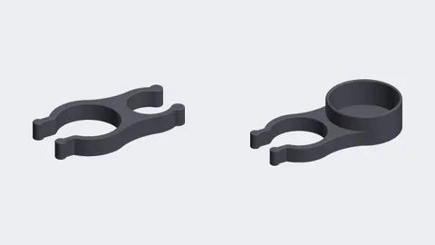 Renders of two 3D-printed bar clamps that hold a walking stick: a top clip and a bottom cup