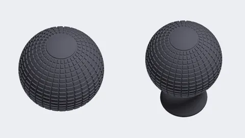 Renders of two textured 3D-printed power wheelchair joystick knobs, a ball and a tall knob