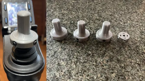 3D-printed joystick knob on a Permobil power wheelchair controller, and the three knob versions side by side