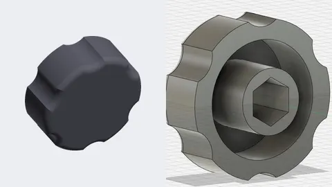 Renders of a large 3D-printed scalloped knob with a hex pocket for an M8 bolt