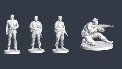Renders of three 3D-printed example figurines made from photos: a man in a suit, a man in tactical gear, and a kneeling rifleman on a round base