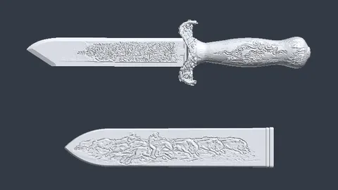 Renders of a 3D-printed replica of an ornate 1884 hunting knife with a sculpted handle and etched blade, above its scabbard with a bison hunt in relief