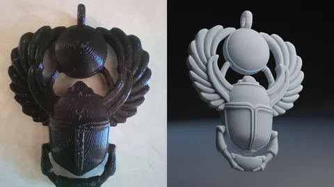 3D-printed winged Egyptian scarab pendant in black, beside a render of the design