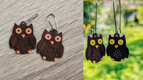 Pairs of small 3D-printed owl earrings on hooks