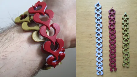 Red 3D-printed heart chain bracelets on a wrist, and three bracelets laid flat