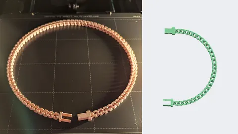 3D-printed chain necklace with a clasp on a print bed, beside a render of the small chain