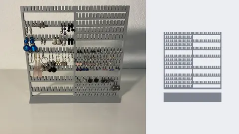3D-printed earring display stand filled with earrings, beside a render of the stand and foot