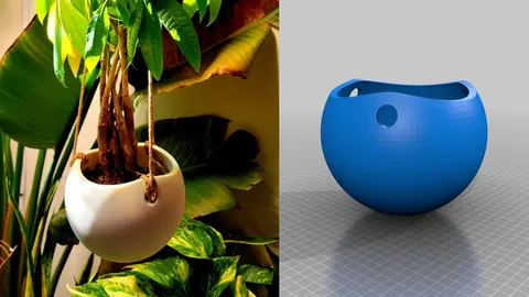 White 3D-printed round hanging planter with a plant, beside a render of the planter