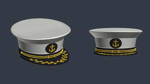 Renders of a 3D-printed miniature naval officer's cap in white, black and gold with an anchor badge, shown from two angles