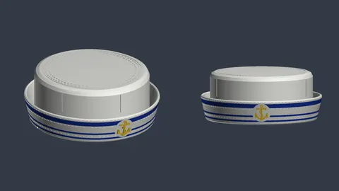 Renders of a 3D-printed miniature sailor hat in white with blue stripes and a gold anchor, shown from two angles