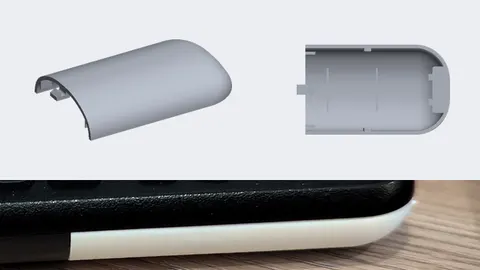 Renders of a 3D-printed replacement battery cover for a Roku Voice Remote, outside and inside, above a photo of a white cover fitted to a remote