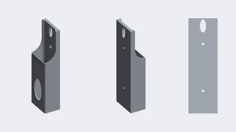 Renders of a plain 3D-printed wall holder for a Roku remote: front with a thumb hole, back, and the mounting face with a hook hole and two screw holes