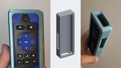 A Roku remote inside a 3D-printed child-proof case, a render of the empty shell, and the case from the side showing the volume button opening