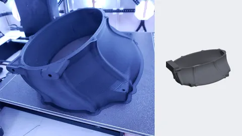 A black 3D-printed adapter that fits a 6x9 speaker in a GM G-body rear deck, shown printed and as a render