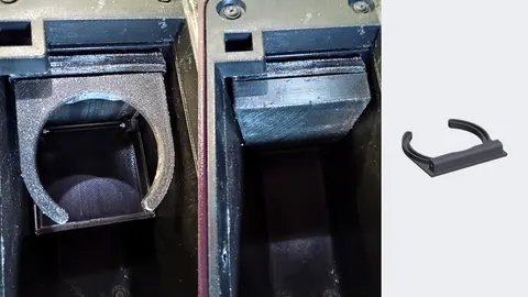 A 3D-printed folding cup holder inside a GM G-body center console, open and folded, with a render of the cup ring