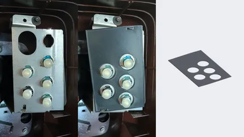 A GM G-body dash indicator light panel before and after fitting a 3D-printed gasket, with a render of the gasket