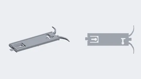 Renders of a flat 3D-printed spring clip with two curved arms for the lower chrome trim on a GM G-body door