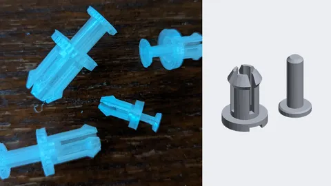 Blue 3D-printed two-piece push-pin clips for car fender liners in several sizes, with a render of one clip's body and pin