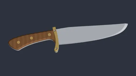 Render of a 3D-printed example Bowie knife replica with a silver blade, brass guard and wood handle