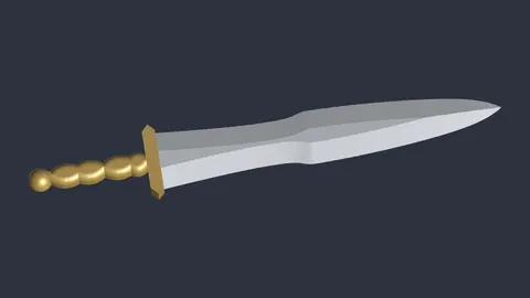 Render of a 3D-printed Roman pugio dagger replica with a silver leaf-shaped blade and a gold ribbed grip