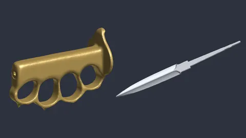 Renders of a 3D-printed 1918 trench knife replica: a brass-tone knuckle-guard handle and a double-edged silver blade