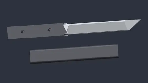 Renders of a 3D-printed Japanese tanto knife replica with a silver blade and black handle, above its black sheath