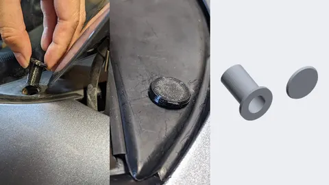 A 3D-printed wiper cowl repair insert being pushed into the cowl of a Toyota MR2, the installed insert, and a render of the insert and its cap
