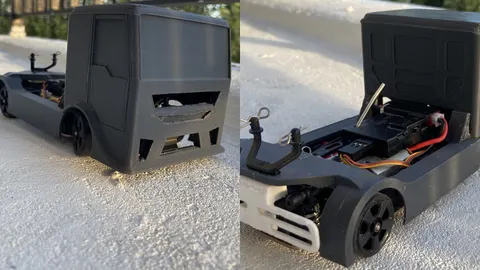A 3D-printed gray 1/28 race truck body on a WLtoys K989 RC chassis, closed and with the cab tipped up