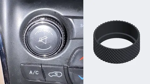 The volume knob on a Jeep Grand Cherokee dashboard and a render of the black knurled 3D-printed replacement grip