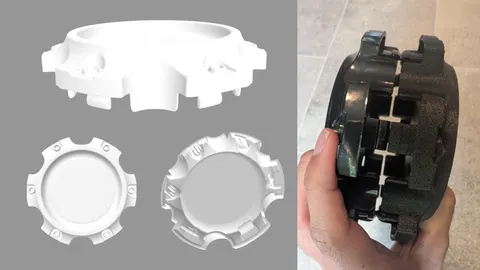 3D-printed 6-lug wheel center cap with a plain face, shown with the original cap's snap-in clips