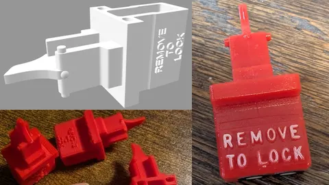 3D-printed Shopsmith Mark V switch safety key, printed copies beside the original marked Remove To Lock