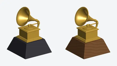 3D-printed gramophone music award trophy with a gold top, shown on a black base and on a wood-grain base