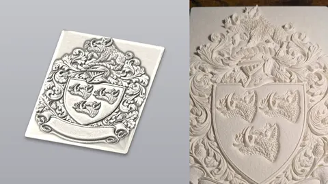 3D-printed coat of arms relief plaque with a rocky, carved-stone texture, a model render beside a close-up of the finished print