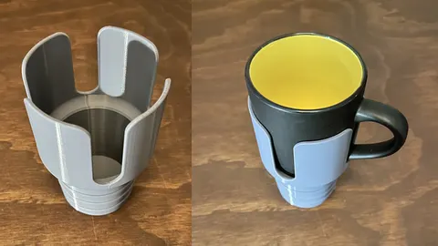 Gray 3D-printed car cup holder expander, shown empty and holding a coffee mug by its handle cutout