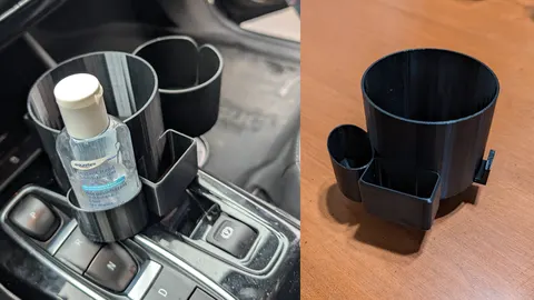 Black 3D-printed extra cup holder mounted beside the shifter of a Chevy Bolt EUV, and the holder on its own