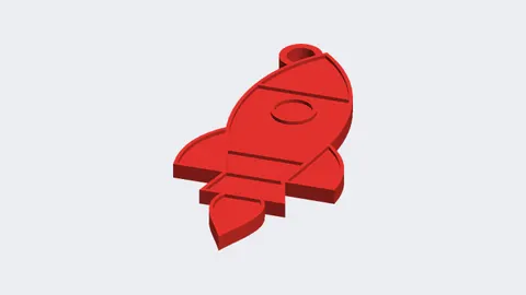 Render of a flat red rocket-shaped keychain with a ring loop