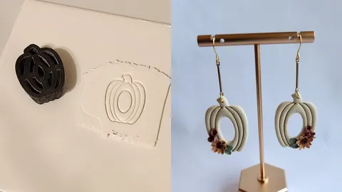 3D-printed pumpkin donut clay cutter beside its imprint in clay, and finished pumpkin hoop earrings