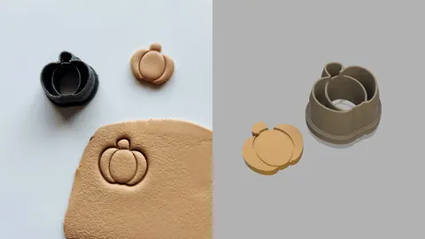 3D-printed mini pumpkin clay cutter with a clay pumpkin and its imprint, and a render of the cutter