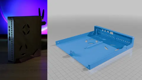 Lenovo ThinkCentre Tiny mini PC standing on its side with a 3D-printed vented top case, and a render of the case