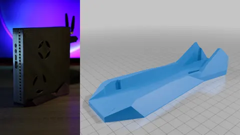 Lenovo ThinkCentre Tiny mini PC on a 3D-printed vertical stand, and a render of the stand